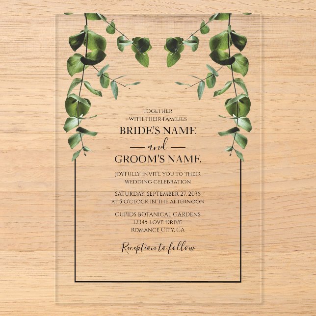 Acrílicas Invitaciones de boda con hojas de eucalipto rústic (Anverso)