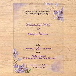 Acrílicas Invitaciones de boda de acrílico con flores morada