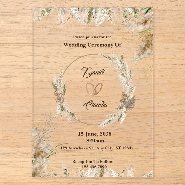 Acrílicas Invitaciones de boda de acrílico marrones y crema  (Anverso)