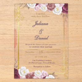 Acrílicas Invitaciones de boda de acrílico rojas y doradas e