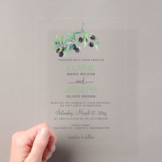 Acrílicas invitaciones de boda de Botanical Olive Branch (Insitu (portátil))