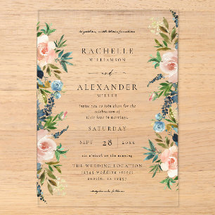 Acrílicas Invitaciones de boda florales Navy, azul polvorien