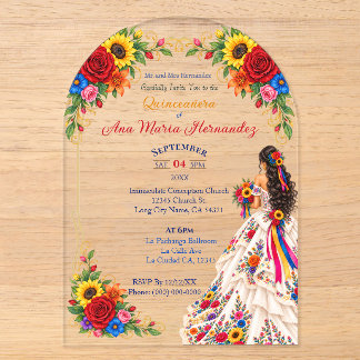 Acrílicas Invitaciones de Quinceañera Mexicana Flores Colori