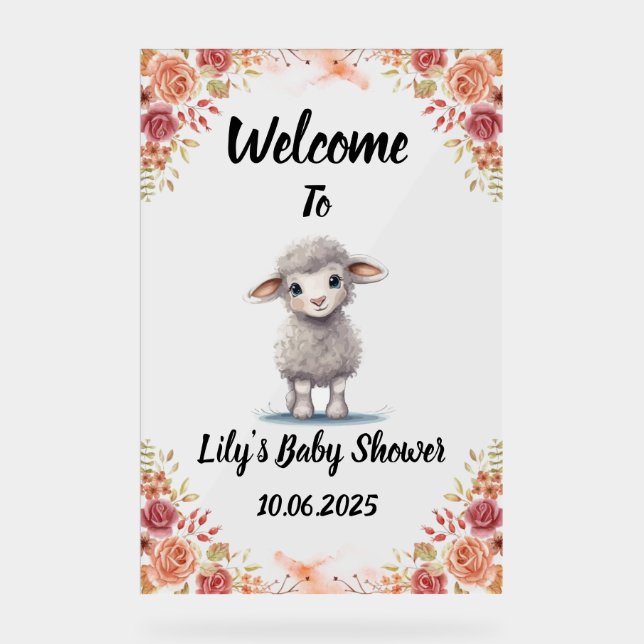 Acrílico de cordero lindo Señal de ducha bebé. (Anverso)