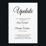 Actualización elegante de Invitación Boda pospuest<br><div class="desc">Aquí hay una tarjeta simple para notificar a sus invitados si es necesario cambiar la fecha de su boda. Utilice los campos de plantilla para agregar sus datos personales y hacer de este elegante y minimalista diseño su propio. El fondo blanco puede cambiarse a cualquier color que prefiera. Todas las...</div>