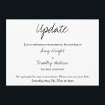 "Actualizar" Invitación casual pospuesta de Boda<br><div class="desc">Aquí hay una tarjeta simple para notificar a sus invitados si es necesario cambiar la fecha de su boda.Utilice los campos de plantilla para agregar sus datos personales y hacer de este diseño único y moderno su propio diseño. El fondo blanco puede cambiarse a cualquier color que prefiera. Todas las...</div>