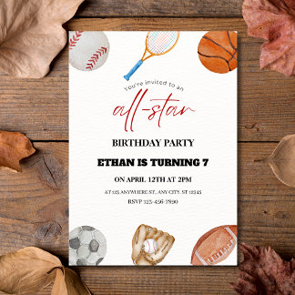 Acuarela All Star Sports 7ª Invitación de cumpleañ