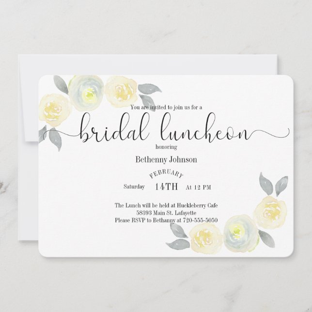 Acuarela Amarillo Gris Bridal Invitación al almuer (Anverso)
