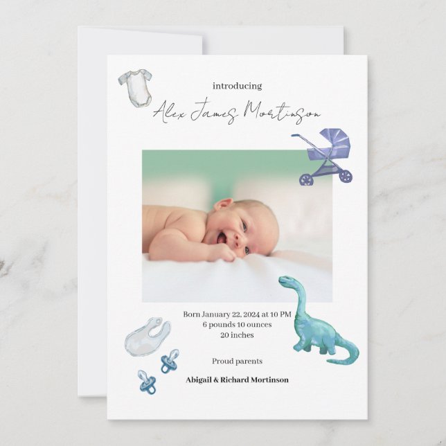 Acuarela Anuncio de nacimiento de bebé Dino (Anverso)