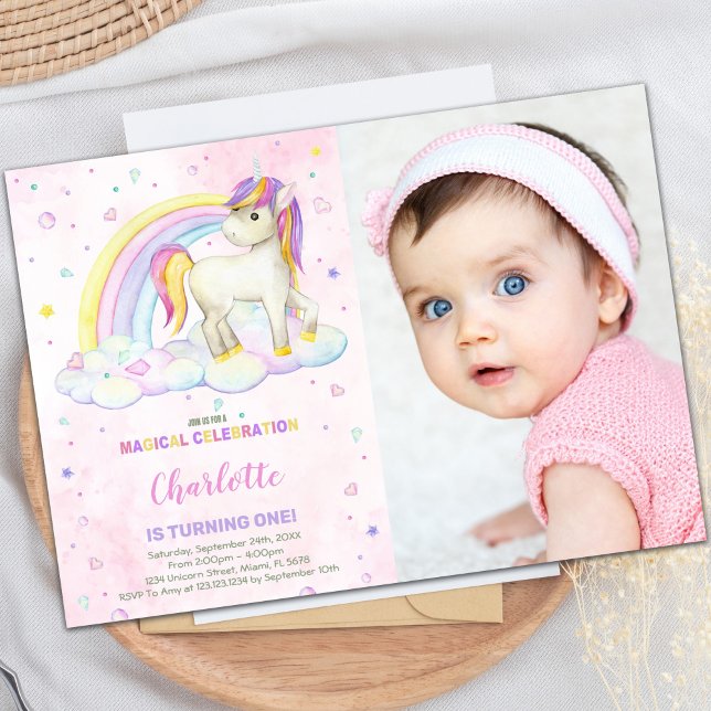 Acuarela arcoiris Invitaciones de cumpleaños de Un (Rainbow Watercolor Unicorn Birthday Invitations ph)