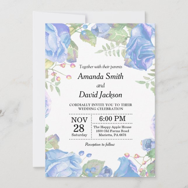 Acuarela azul de la invitación floral de la boda (Anverso)