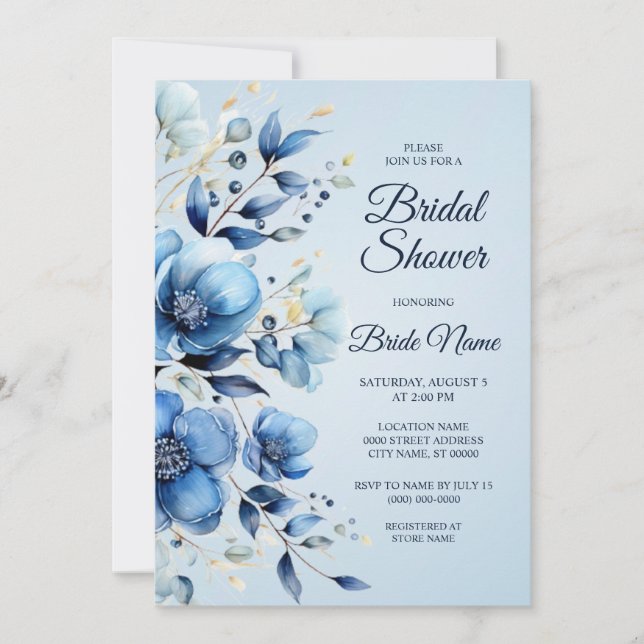 Acuarela Azul Flores Bridal Ducha Invitación (Anverso)