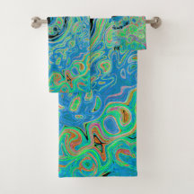 Acuarela Azul Groovy Abstracto Retro Bañón Líquido