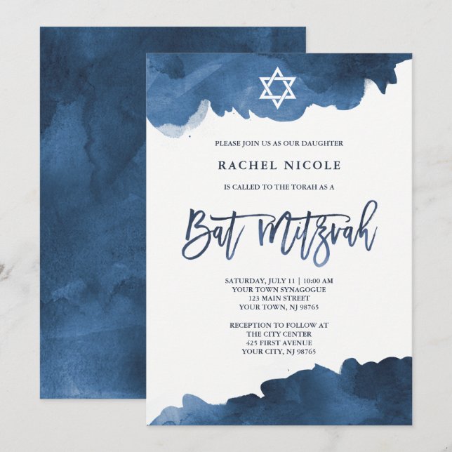 Acuarela azul moderna | Invitación a Bat Mitzvah (Anverso / Reverso)