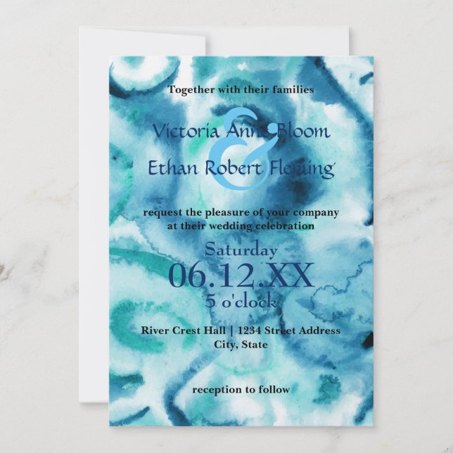 Acuarela Azul sobre Azul - Invitación de Boda (Anverso)