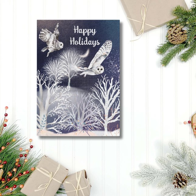 Acuarela azul y blanco búho nevado árboles Navidad (Watercolor Owls and Trees Blue and White Christmas Card)
