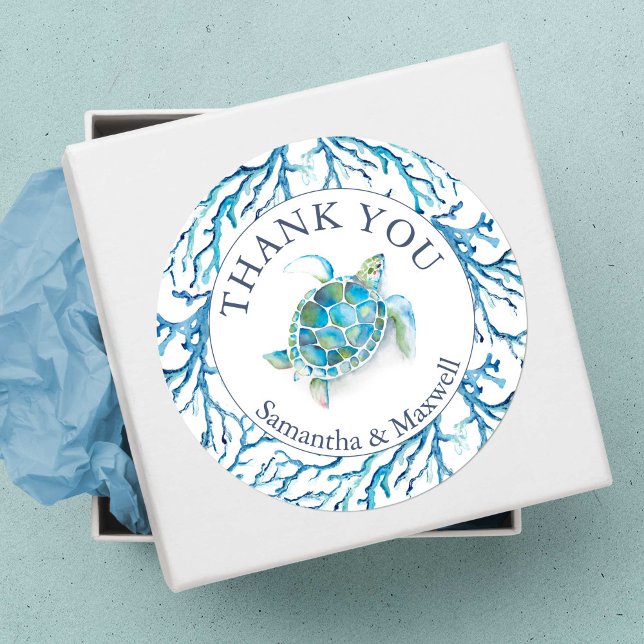 Acuarela Bajo El Mar Gracias Pegatinas (Thank you stickers baby shower favors under the sea turtle blue)