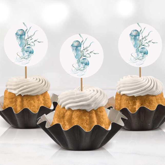 Acuarela bajo el mar Pegatinas de medusas (Stickers being used as cup cake toppers with toothpicks)