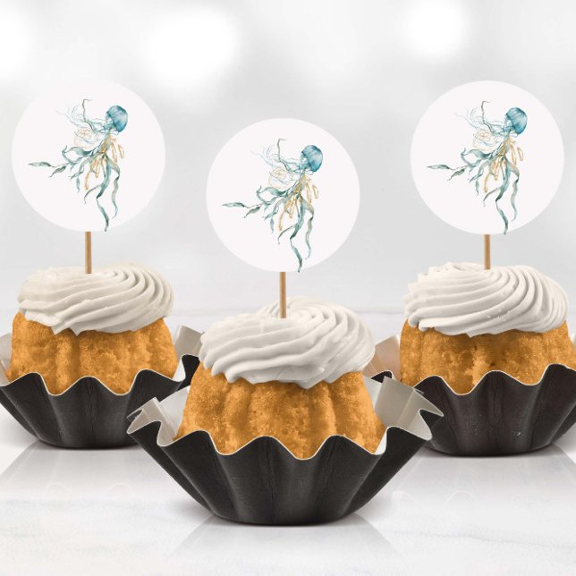 Acuarela bajo el mar Pegatinas de medusas (Stickers being used as cup cake toppers with toothpicks)