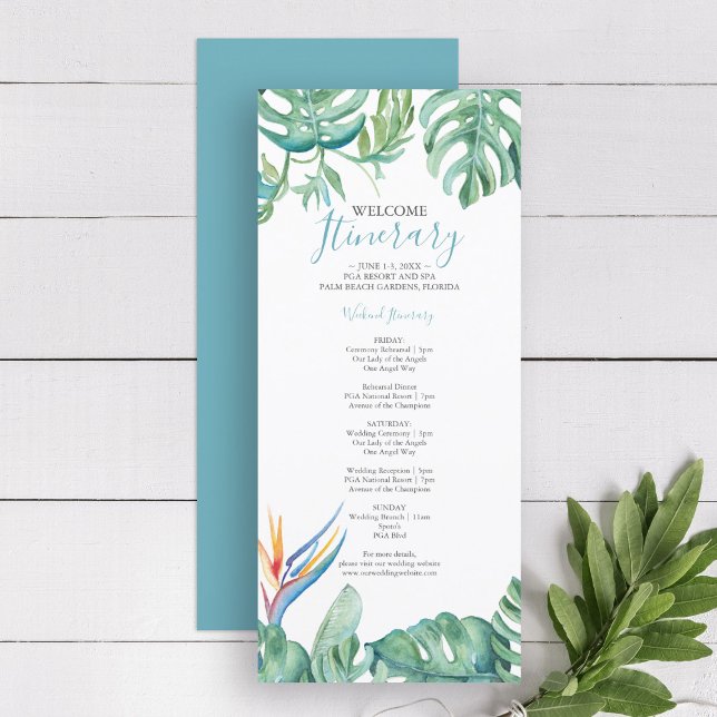 Acuarela Boda tropical botánico Itinerario (wedding itinerary template tropical watercolor bird of paradise and palm leaves Victoria Grigaliunas)