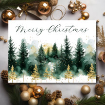 Acuarela Bosque Verde Oro Feliz Navidad