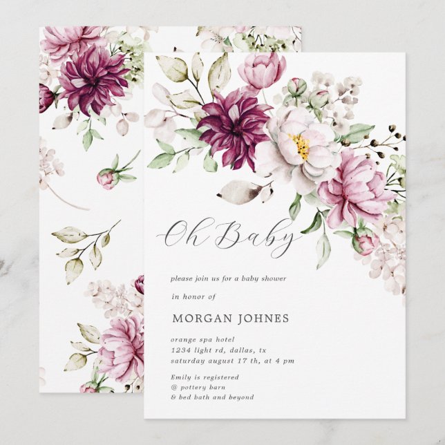 acuarela burgundy peonías baby ducha invitación (Anverso / Reverso)