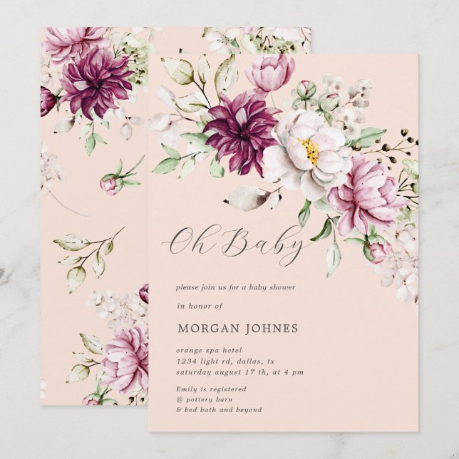 acuarela burgundy peonías baby ducha invitación (Anverso / Reverso)