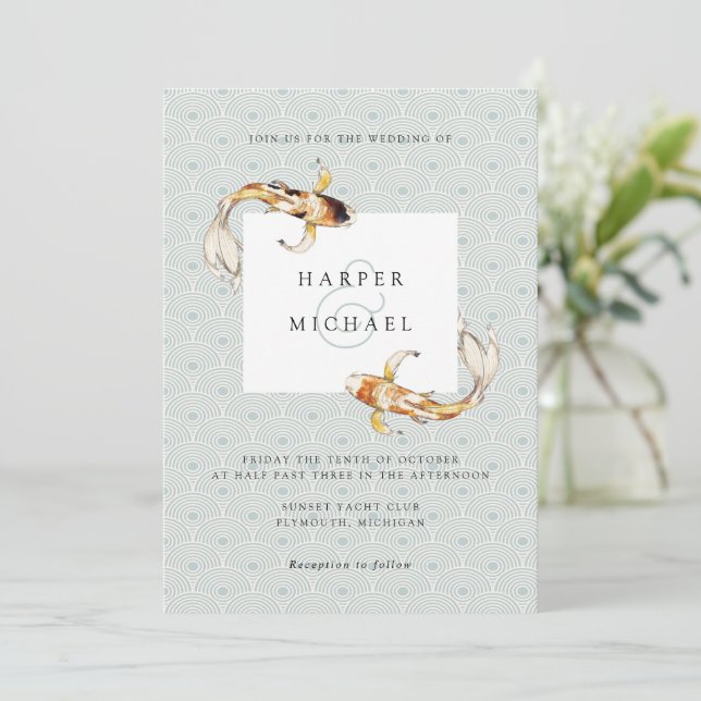 acuarela carpa invitación a la boda de peces koi (Anverso de pie)