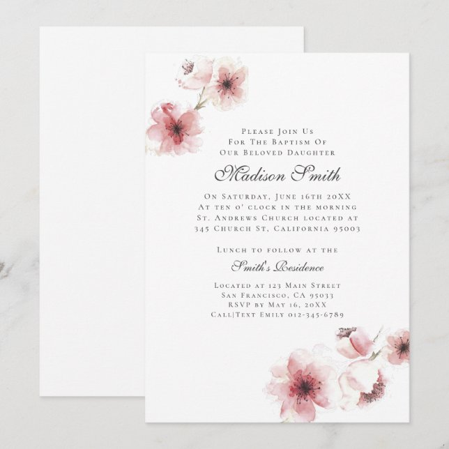 Acuarela Cerezo florece bautismo invitación (Anverso / Reverso)