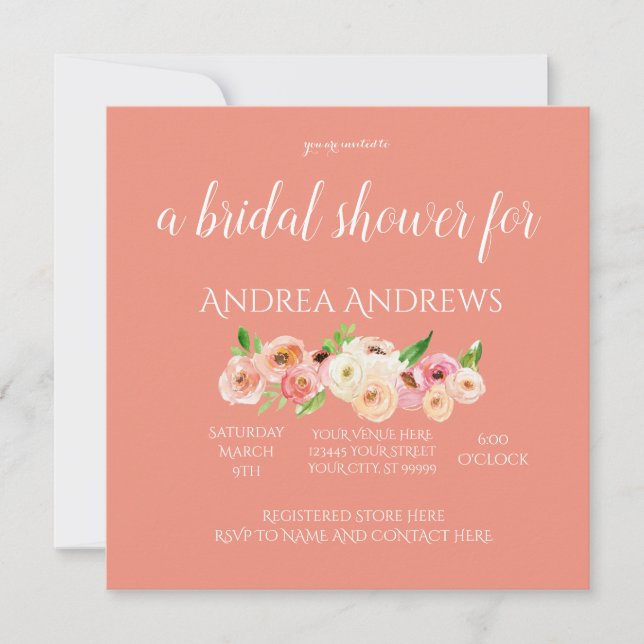 Acuarela Coral Floral Bridal Shower Invitación (Anverso)