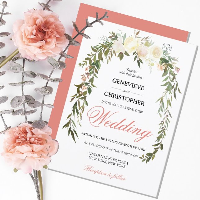 Acuarela Coral Floral Elegante Invitación a la Bod (ELEGANT PEACH FLORAL ARCH WEDDING INVITATION
)
