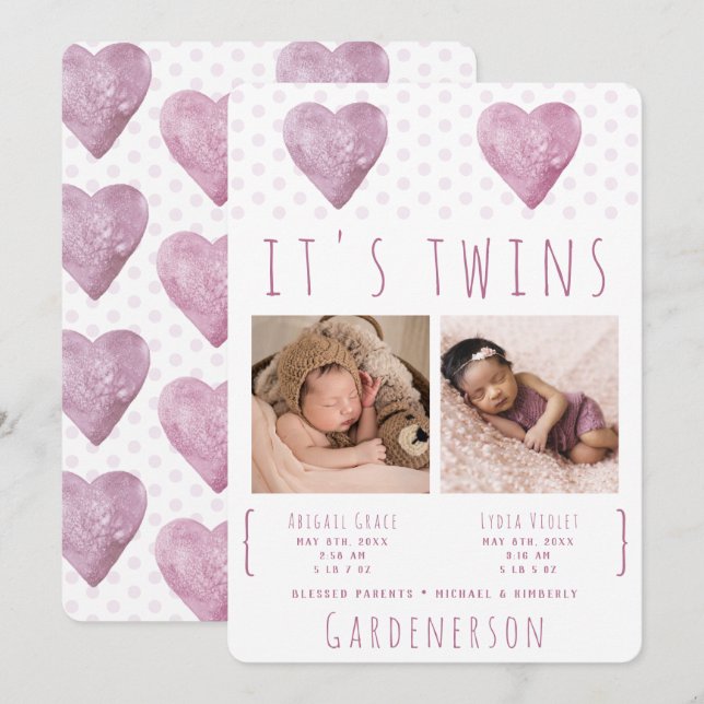 Acuarela Corazón Gemelos Invitación Chica (Anverso / Reverso)