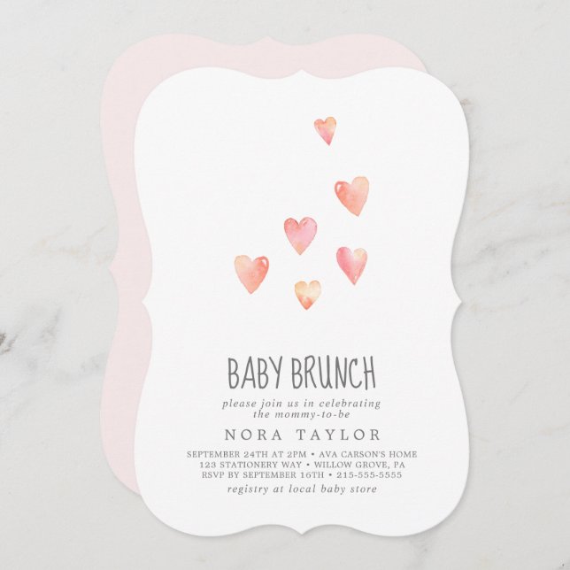 Acuarela Corazones Chica Baby Brunch Invitación (Anverso / Reverso)