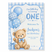 Acuarela Cumpleaños uno Osito Azul a Cuadros