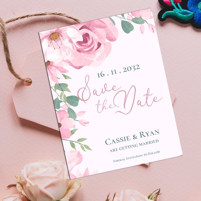 Acuarela Cute Boda Floral Rosa Guardar la fecha (Watercolor Cute Pink Floral Wedding Save the Date)