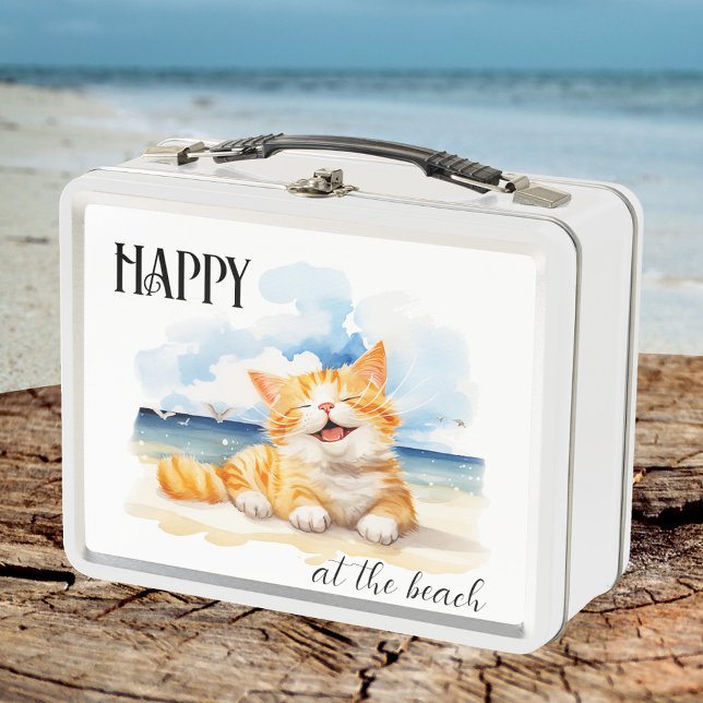 Acuarela Cute Kitten en la playa (Lunch Box featuring a watercolor painting of a cute happy kitten on the beach)