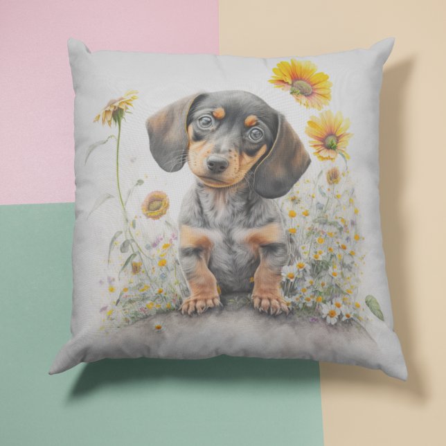 Acuarela Dachshund Puppy Cojín decorativo Floral (Subido por el creador)