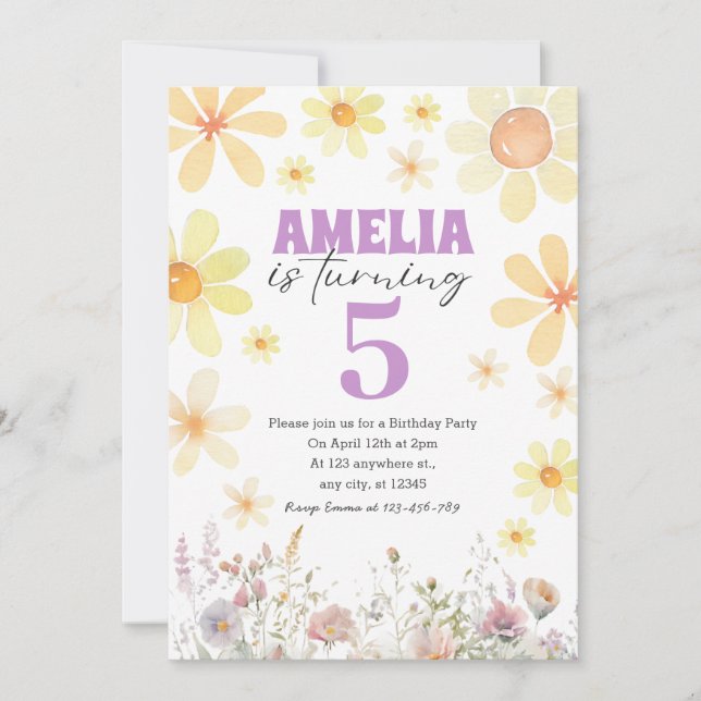 Acuarela Daisy Birthday Invitación a cualquier eda (Anverso)