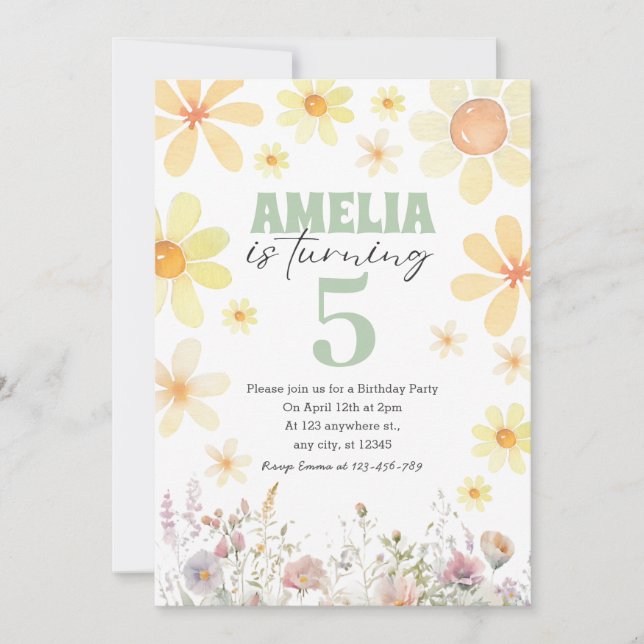 Acuarela Daisy Pastel Invitación al cumpleaños ver (Anverso)