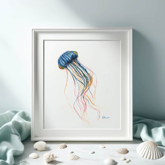 Acuarela de arte de las medusas azules costeras (Watercolor paintings by Victoria Grigaliunas jellyfish print in shades of blue Shop Do Tell A Belle)