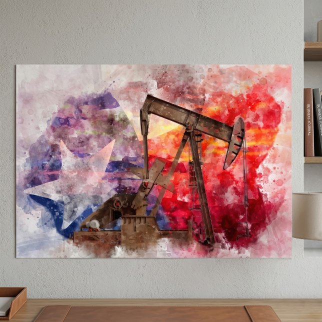 Acuarela de bomba de petróleo de Texas con arte de (Texas Pumpjack Watercolor with Texas Flag Art. Poster)