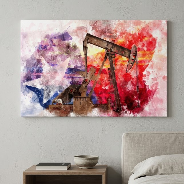 Acuarela de bomba de petróleo de Texas con arte de (Texas Pumpjack Watercolor with Texas Flag Art. Canvas Print)