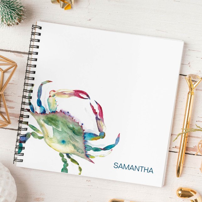 Acuarela de cangrejo azul para el diario personali (Personalized notebooks watercolor blue crab art by Victoria Grigaliunas Do Tell A Belle)