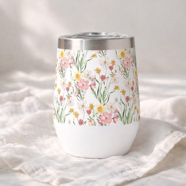 Acuarela de flor silvestre verde rosa (Pink Green Wildflower Watercolor Wine Tumbler)