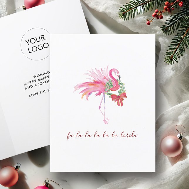 Acuarela de Florida Flamenco Rosa Playa Navidad (Business Christmas cards with logo watercolor pink flamingo art by Victoria Grigaliunas DoTellABelle)