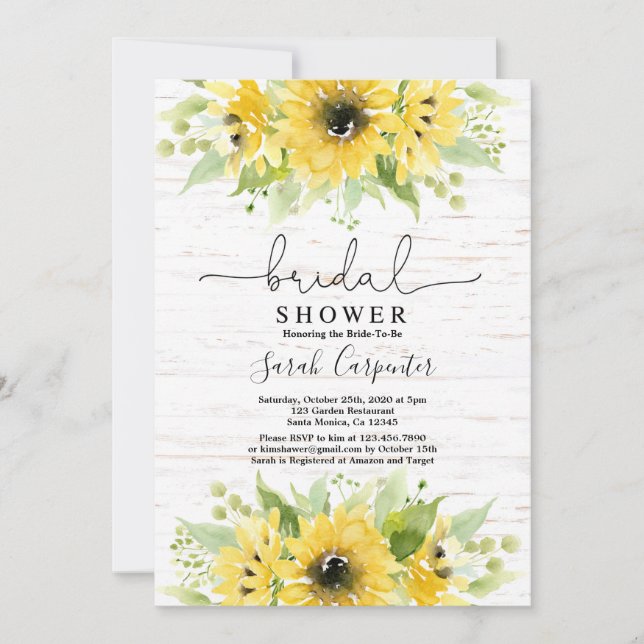 Acuarela de girasol Bridal Shower Invitación (Anverso)