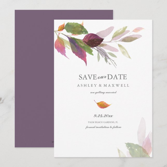 Acuarela de Hojas Otoñales Invitación de Boda Save (Anverso / Reverso)