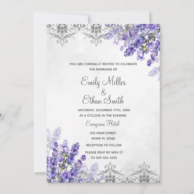 Acuarela de invitación a bodas Lavender (Anverso)