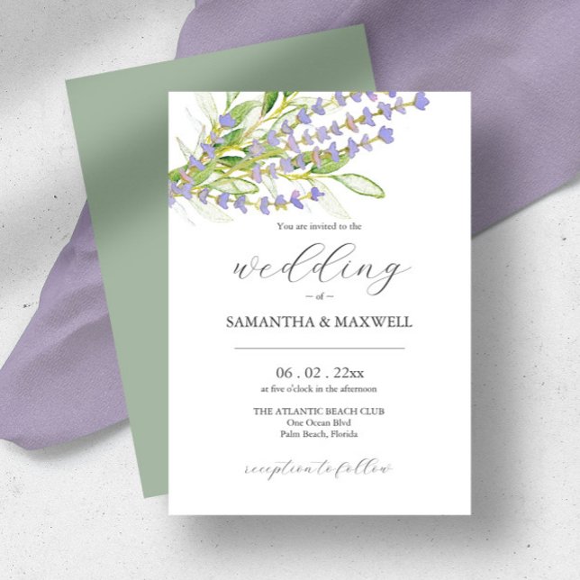 Acuarela de Invitación a la Boda de Lavanda Botáni (Wedding invitations watercolor lavender art by Victoria Grigaliunas of Do Tell A Belle sage green)