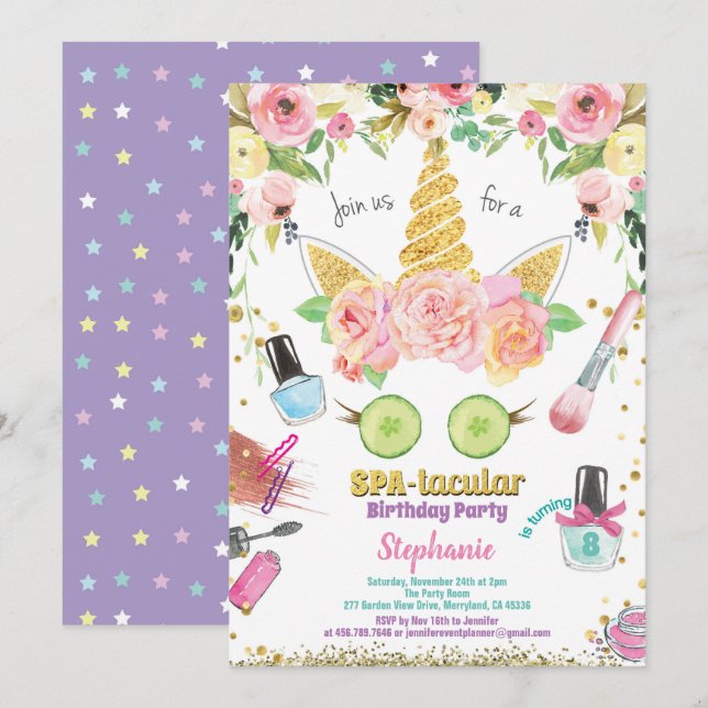 Acuarela de invitación de cumpleaños de unicornio  (Anverso / Reverso)